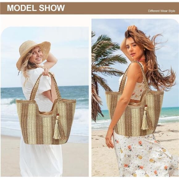Women Straw Beach Bag Large Beige Khaki - Picture 5 of 7